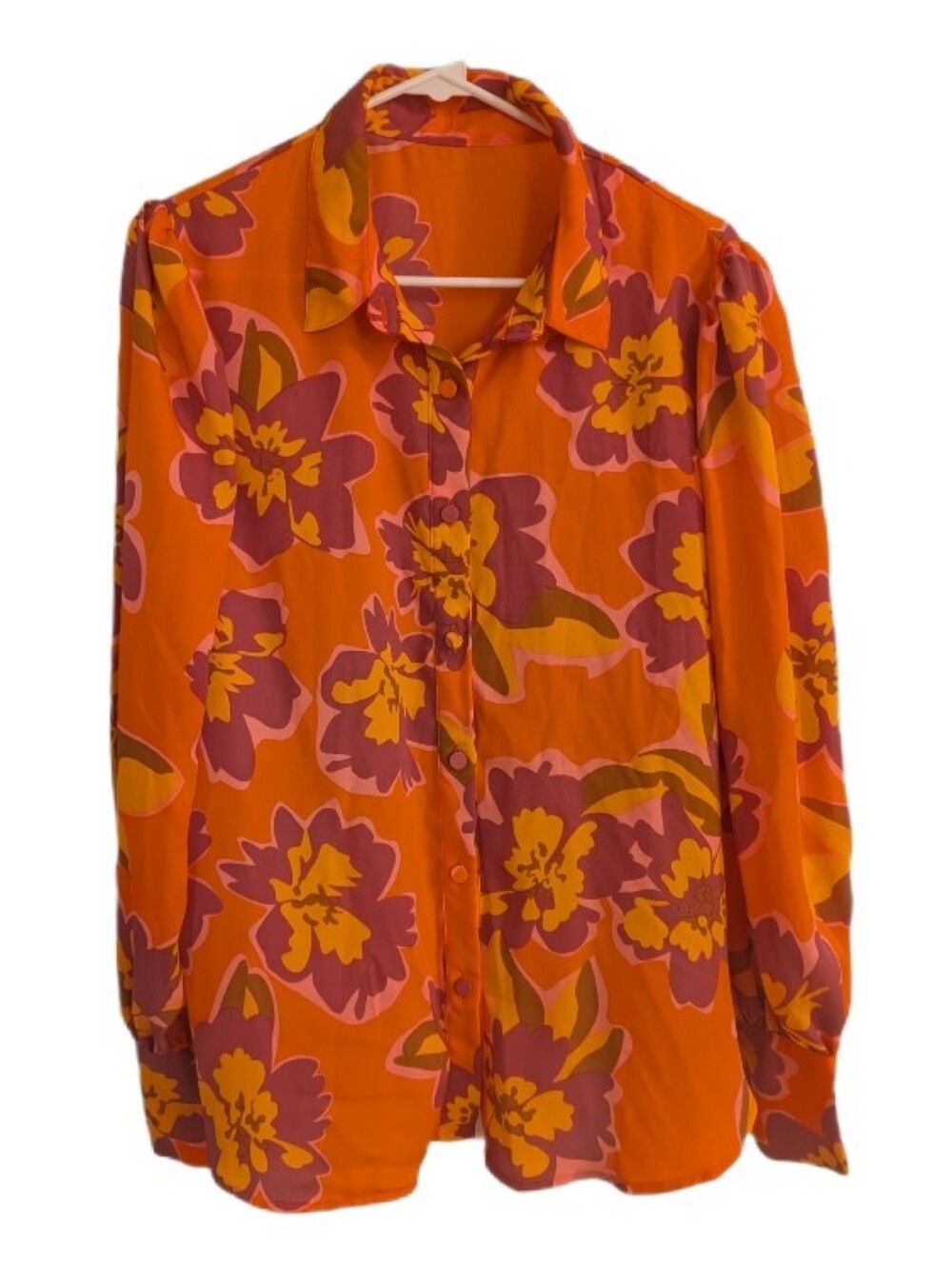 Vibrant Orange Floral Button-Up Blouse XL
